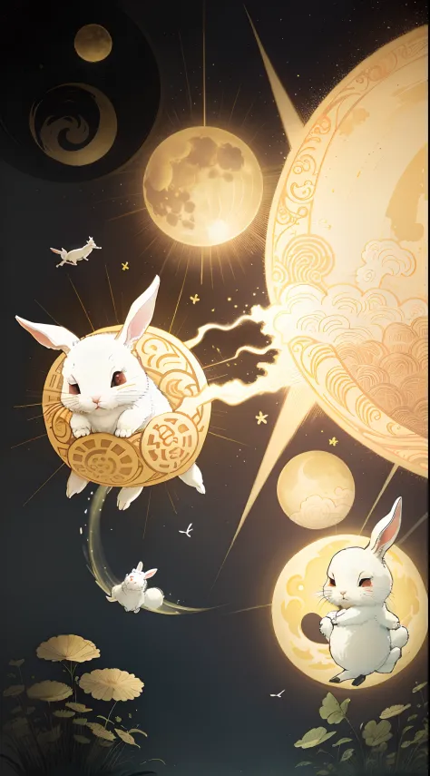 There are a lot of rabbits flying around the moon，Hop on mooncakes，The background is the full moon。, illustratio, Wallpapers，cute illustration, to the moon, 9 k, 9K, inspired by Shūbun Tenshō, 2. 5 d illus, Mooncakes falling from the sky, lunar time, ☁🌪🌙👩🏾...