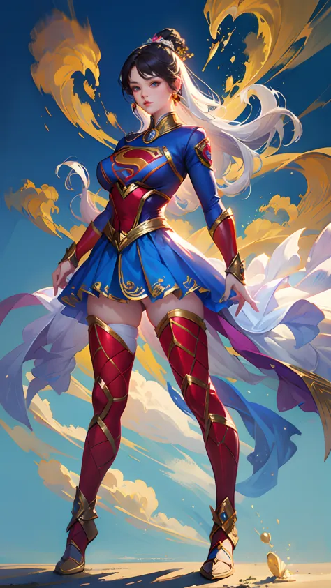 Game character, East Asian original art character design, 1girll, Solo,[:(Gradient background:1.5):40],full body, big breasts, Supergirl costume dress