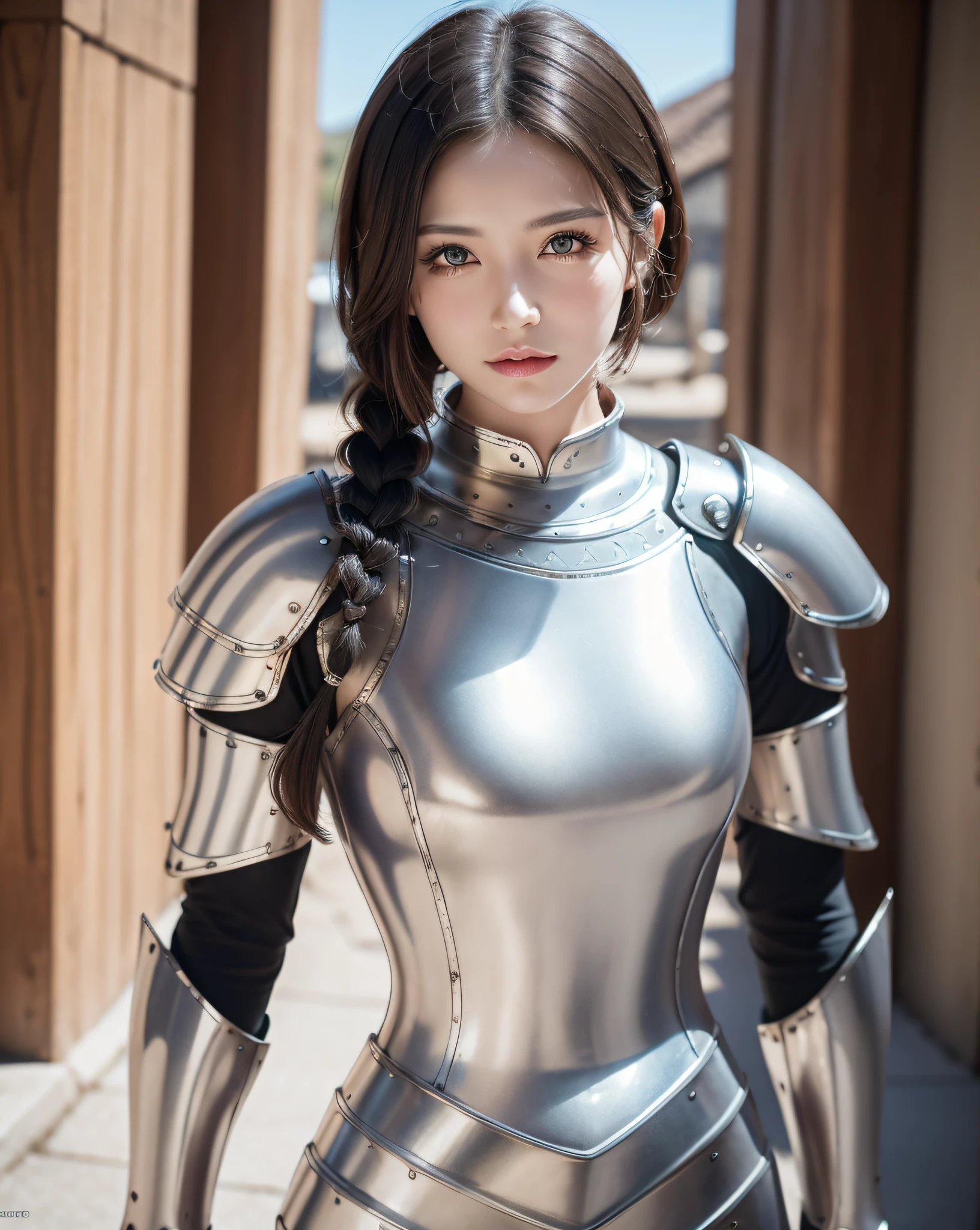 (masterpiece, best quality),(extremely intricate:1.3), (realistic), 1girl, milf, caucasian, green eyes, perfect eyes, perfect iris, perfect pupils, perfect lips,perfect nose, perfect hands, very detailed hands, perfect fingers, black hair, short hair, straight hair, small braid in her hair, (medieval armor), metal reflections, (((silver armor))), outdoors, far away castle, (ornately decorated armor), (insanely detailed, bloom:1.5), chainmail, intense sunlight, professional photograph of a stunning woman detailed, sharp focus, award winning, cinematic lighting, blurry background, upper body, ((confident)), (Pose:looking at the camera),mecha