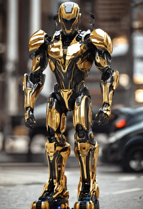 A male android robot in gold and black color, Estilo exterminador, dois olhos redondos de led azul, corpo masculino completo, fundo branco, corpo inteiro, corpo inteiro, estilo arte digital 2d, should appear legs and feet, estilo espacial