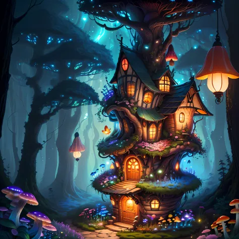 (Swirling clouds and colorful flowers), (forest fireflies fantasy mushroom house), (midnight), (Irregular), (mysterious), (ridiculous), dreamy, disney, painted by Thomas Kincaid, artstation, sharp focus, inspiring 8k wallpaper,