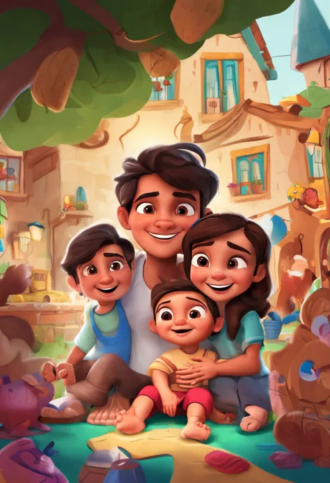 Boy: Miguel, approximately 5 years old, short Disney style hair, brown eyes and smiling. Girl: Giovana, 2 years old, long black hair and blue eyes. Scenario: Miguel and Giovana are in a cozy little house in the valley, in the background a sunny day, highli...