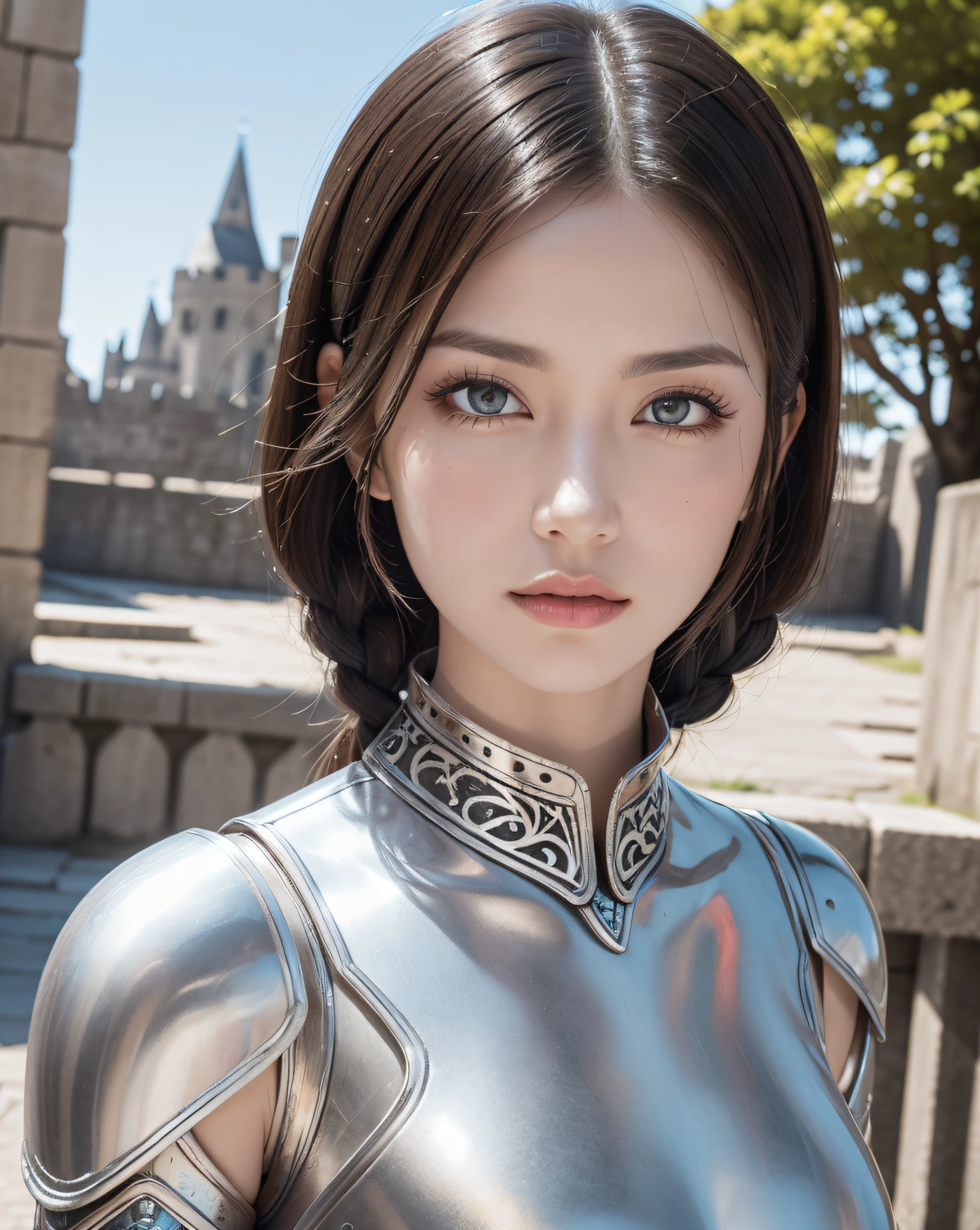 (masterpiece, best quality),(extremely intricate:1.3), (realistic), 1girl, milf, caucasian, green eyes, perfect eyes, perfect iris, perfect pupils, perfect lips,perfect nose, perfect hands, very detailed hands, perfect fingers, black hair, short hair, straight hair, small braid in her hair, (medieval armor), metal reflections, (((silver armor))), outdoors, far away castle, (ornately decorated armor), (insanely detailed, bloom:1.5), chainmail, intense sunlight, professional photograph of a stunning woman detailed, sharp focus, award winning, cinematic lighting, blurry background, upper body, ((confident)), (Pose:looking at the camera),mecha