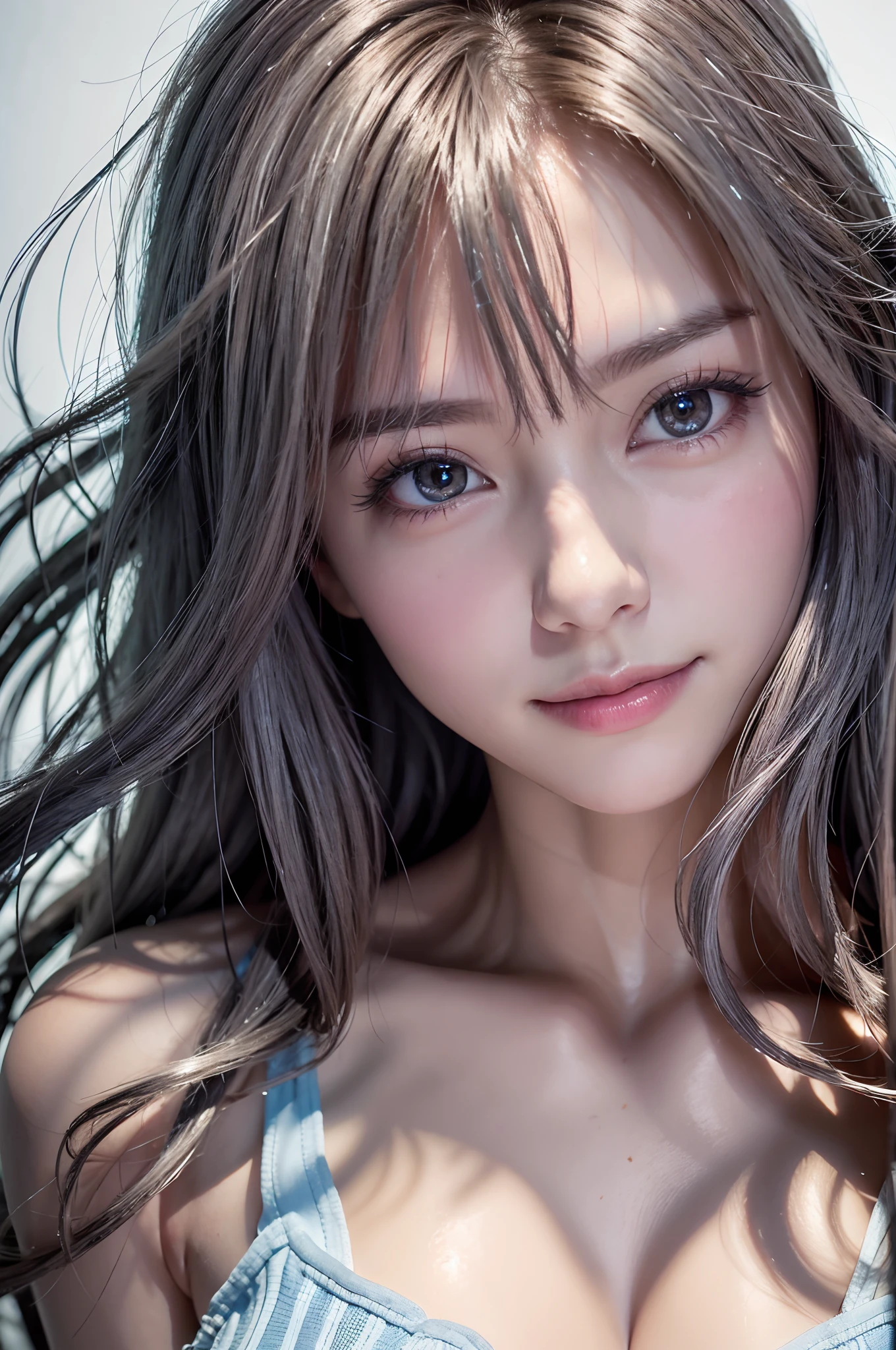top-quality、8K Masterpiece、超A high resolution、(Photorealsitic:1.3)、Raw photo、女の子1人、silver white hair、glowy skin、((super realistic details))、portlate、globalillumination、Shadow、in 8K、ultrasharp、beauty breast、highly intricate detail、Realistic light、Beautiful eyes、radiant eyes、stares at the camera、Cute smile