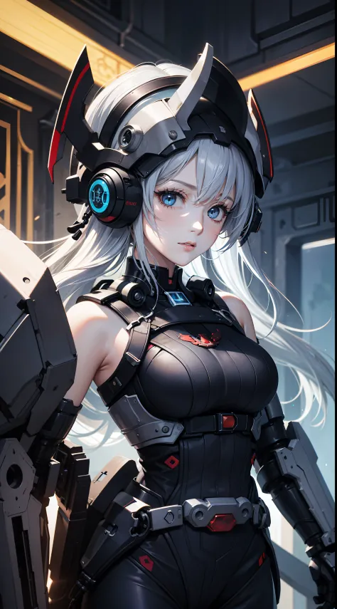 (close up on the girl:1.5),（Game of Armer core：1.8），1 woman stands in front of a huge mecha, 1 woman (exquisite face, watery big...