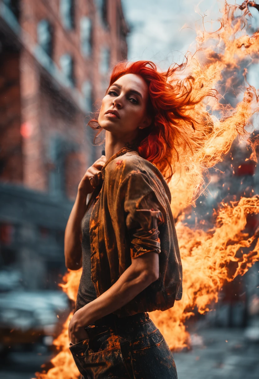 portraiture, Broken glass effect, Vivid yellow flame, Ethereal sparks, Mesmerizing colors, Fierce and elegant woman, Strong gaze, Flowing fiery red hair, Dynamic aerial pose, Broken environment, Urban chaos background, cinematic backlighting, Strong contrast, postapocalyptic vibes, 85mm prime lens, Canon EOS R6, Wide aperture, HDR enhancement, 4K 分辨率, Visual storytelling, Emotional intensity, The phoenix appears. ::n_ The color is not good, , Manga, 。.。.3D, Ugly, jpg artifacts, anime big breast, Cartoon, Worst quality, Low quality, EasyNegative, picure, a sketch, Normal quality, airbrush, Makeup cropping, Deformed, Deformed, Noisy, Blurry, contortion, Semi-realistic, ..CGI, Renders, Sketch, watermarked, Bad proportions, unfocused, Hazy, bblurry, Copy a face, manicured, cut, shorten, contortion, deformity, deformity, Copy, Copy, Reproduce, Compression artifacts, Digital noise, pixilated, standard deviation, Below standard grade, branding, logo, Minimum standards, Worst grade, Worst resolution, Supersaturation, Oversaturation, badly drawn, strange colours, Blurry, Glaring shadows, extra limb, Muscular, Painting, the number, Renders, anime big breast, Sketch, Saturated, frame, Border, Side, Trim, casing, Deformed, gross proportions, limb deformity, cheesy, smooth, plastic, low res, float, poor lighting, Poor composition, underexposed, Poor contrast, Low contrast, flat lighting, Glaring shadows, Blow highlights, Crushed blacks, color shift, Colored tassels, color difference, Moiré pattern, Portate, Posterization, noise, Compression artifacts, Barely, Bad anatomy, Bad proportions, fusedfingers, incorrect hands, Extra fingers