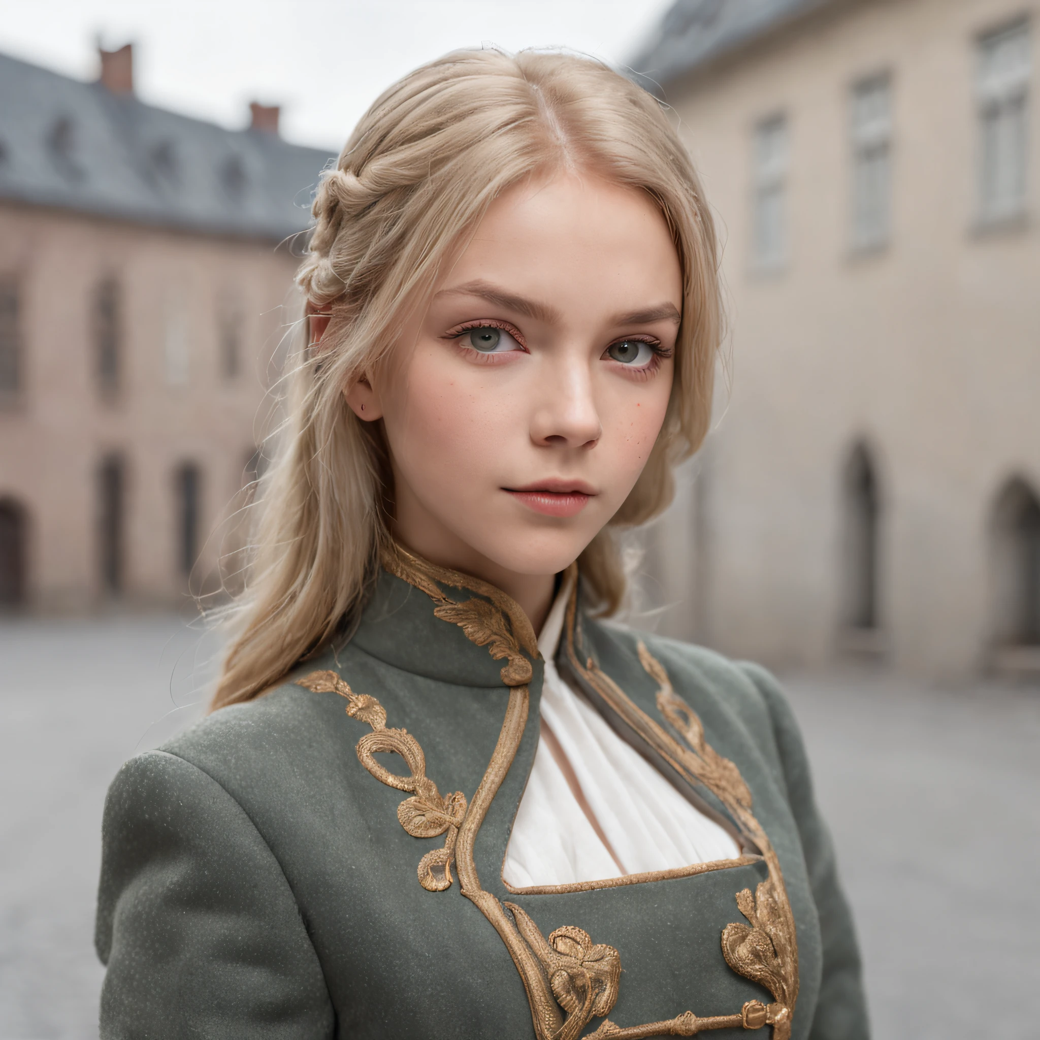 Lonely young adult girl, Tall stature, little chest, Slavic appearance: Green eyes; blond hair; sharp facial features; Straight nose; pronounced high cheekbones, stands upright, military uniform: gray double-breasted overcoat; gray pants, full length, max detail, Masterpiece quality, black leather gloves, in the middle of the street, Background: A street with a stone paved road with European stone houses from the first half of the 20th century, High quality shadows, High quality of light, High quality clothing, Masterpiece picture quality.