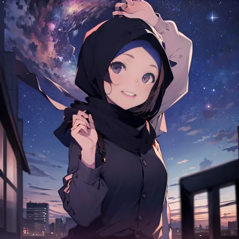 1 girl, stretching out her hands, sky, night, looking up, staring at the viewer, hijab girl, black hijab, beautiful, smiling