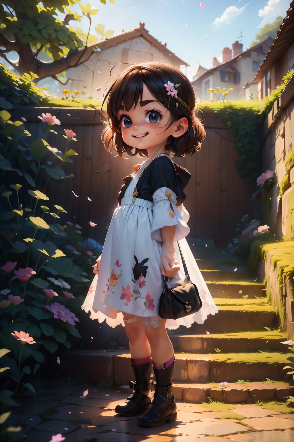 Beautiful little princess in dress, Stand on the marble steps at the entrance to the palace, Look at the wyvern in the distant sky.Light，8k wallpaper，Master painting，petals，lakes，bow and arrows，grin，Black eyes，swing， Perfect quality，Clear focus（Clutter - home：0.8）， （tmasterpiece：1.2） （realisticlying：1.2） （Bokeh） （best qualtiy） （detailedskin：1.3） （complexdetails） （8K） （detailedeyes） （Sharp focus）,（having fun）