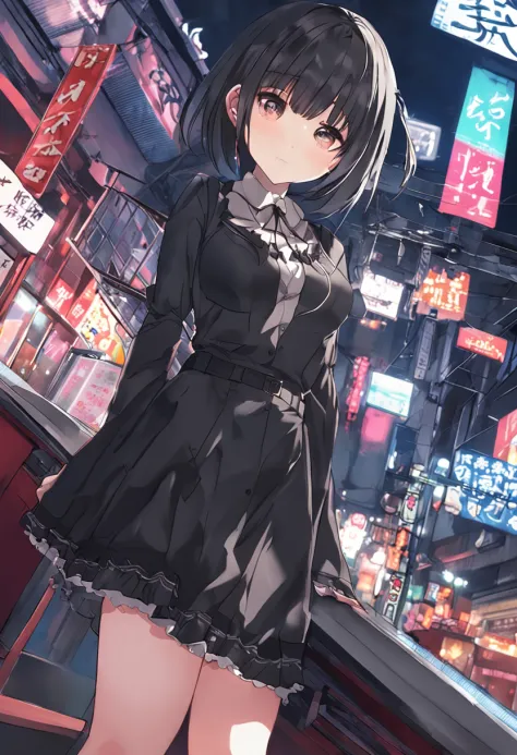 best qualtiy、Realistic Asian woman makes the night view of Kabukicho attractive。She has dark hair and、、The length is characterized by crisp bangs.。She wears platform loafers and knee-high socks.、、The goth loli costume with ribbon is cute、Enhances the atmos...