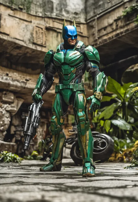 Um batman verde, amarelo e azul, brasileiro, realistic in a titanium cybernetic suit, detalhado, designe perfeito, alta qualidade arestas perfeitas e simetricas  ::n_desenho de estilo, Low-quality imperfection, boneco, jogo, anime