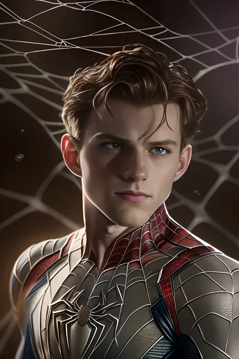 Marvel version of Spider-Man portrait，（（Spider silk emanates from the hand：1.3）），（Tom Holland：1.8）full-body portraits，Fighting posture，Vicious eyes，com rosto detalhado，Slightly vicissitudes， Award-winning photo、Bokeh、, surrealism, Cinematic lighting, shado...