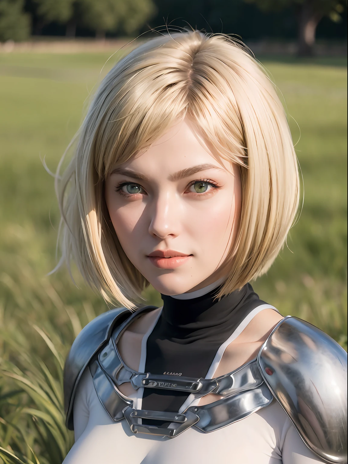 (masterpiece, best quality:1.4), (standing:1.5), (full body:1), on a green field, clare, grey eyes, armor, bodysuit, blonde hair , sexy smile, 1girl, beautiful face, (highly detailed face), highly detailed eyes, highly detailed skin, skin pores, subsurface scattering, realistic pupils, medium breast, full face blush, full lips, detailed background, depth of field, volumetric lighting, sharp focus, absurdres, realistic proportions, good anatomy, (realistic, hyperrealistic:1.4), 16k hdr,