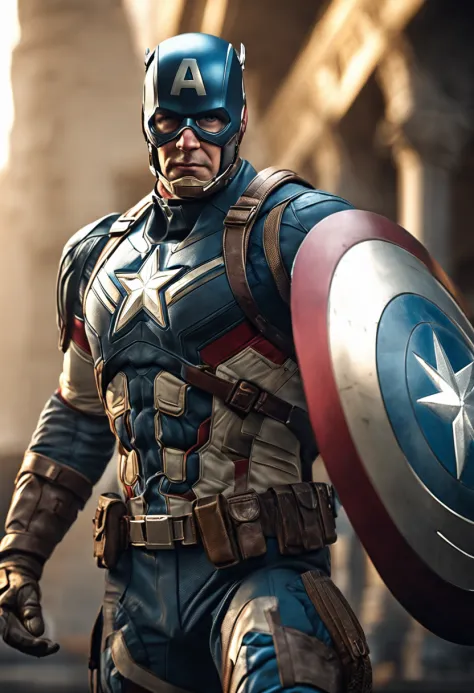 full body shot of captain america  in white and gold armour style suit, no mask on, white cape, looking at center camera, perfect composition, beautiful detailed intricate insanely detailed octane render trending on artstation, 8 k artistic photography, ph...