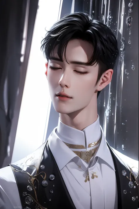 one with eyes closed，handsome and handsome man with his hand on his chin, glossy from rain, water dripping off him, xiao zhan, b...