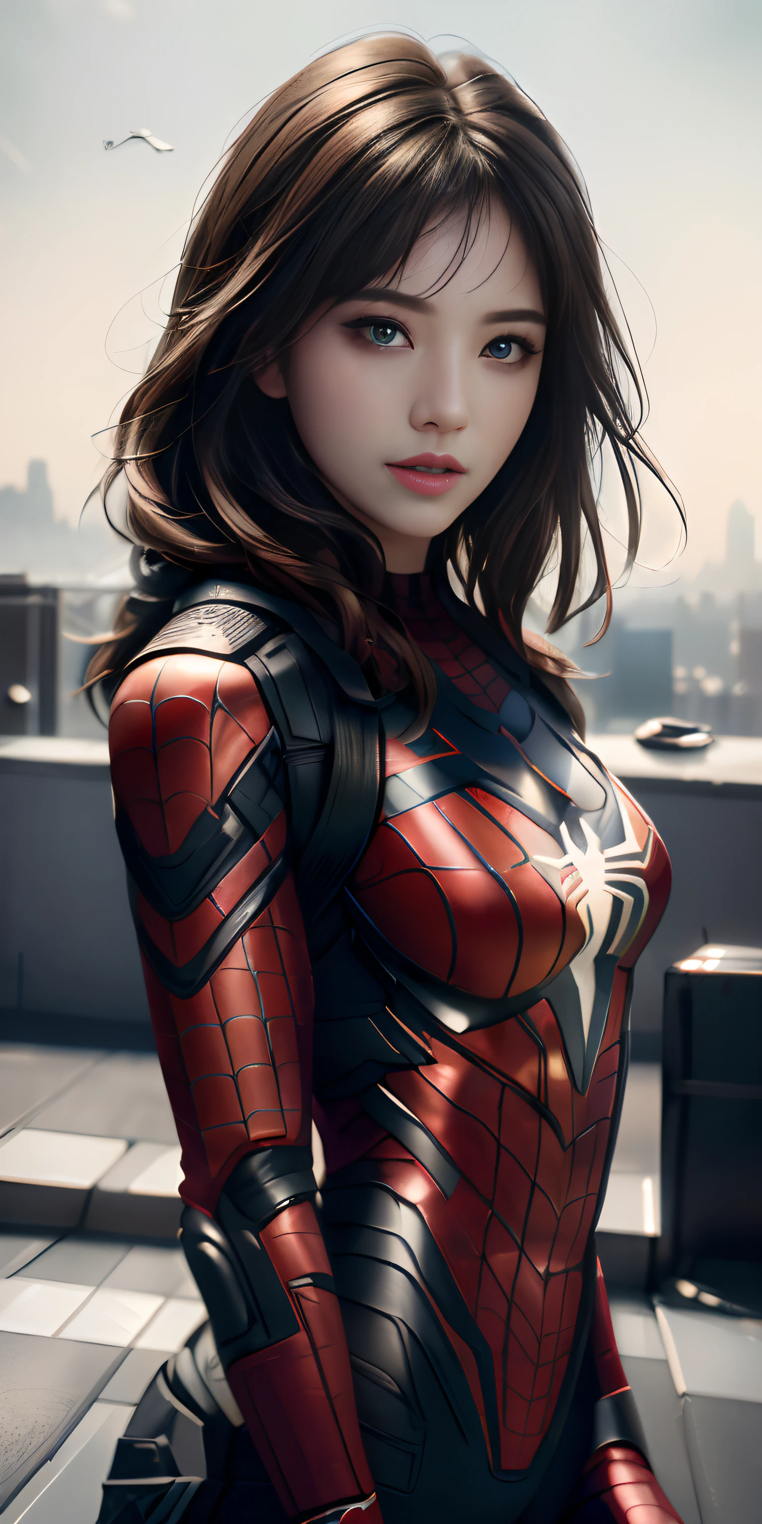 (1girl:1.3), Solo, (((Very detailed face)))), ((Very detailed eyes and face)))), Beautiful detail eyes, Body parts__, Official art, Unified 8k wallpaper, Super detailed, beautiful and beautiful, beautiful, masterpiece, best quality, original, masterpiece, super fine photo, best quality, super high resolution, realistic realism, sunlight, full body portrait, amazing beauty, dynamic pose, delicate face, vibrant eyes, (from the front), She wears Spider-Man suit, red and black color scheme, spider, very detailed city roof background, rooftop, overlooking the city, detailed face, detailed complex busy background, messy, gorgeous, milky white, highly detailed skin, realistic skin details, visible pores, clear focus, volumetric fog, 8k uhd, DSLR, high quality, film grain, fair skin, photo realism, lomography, futuristic dystopian megalopolis, translucent