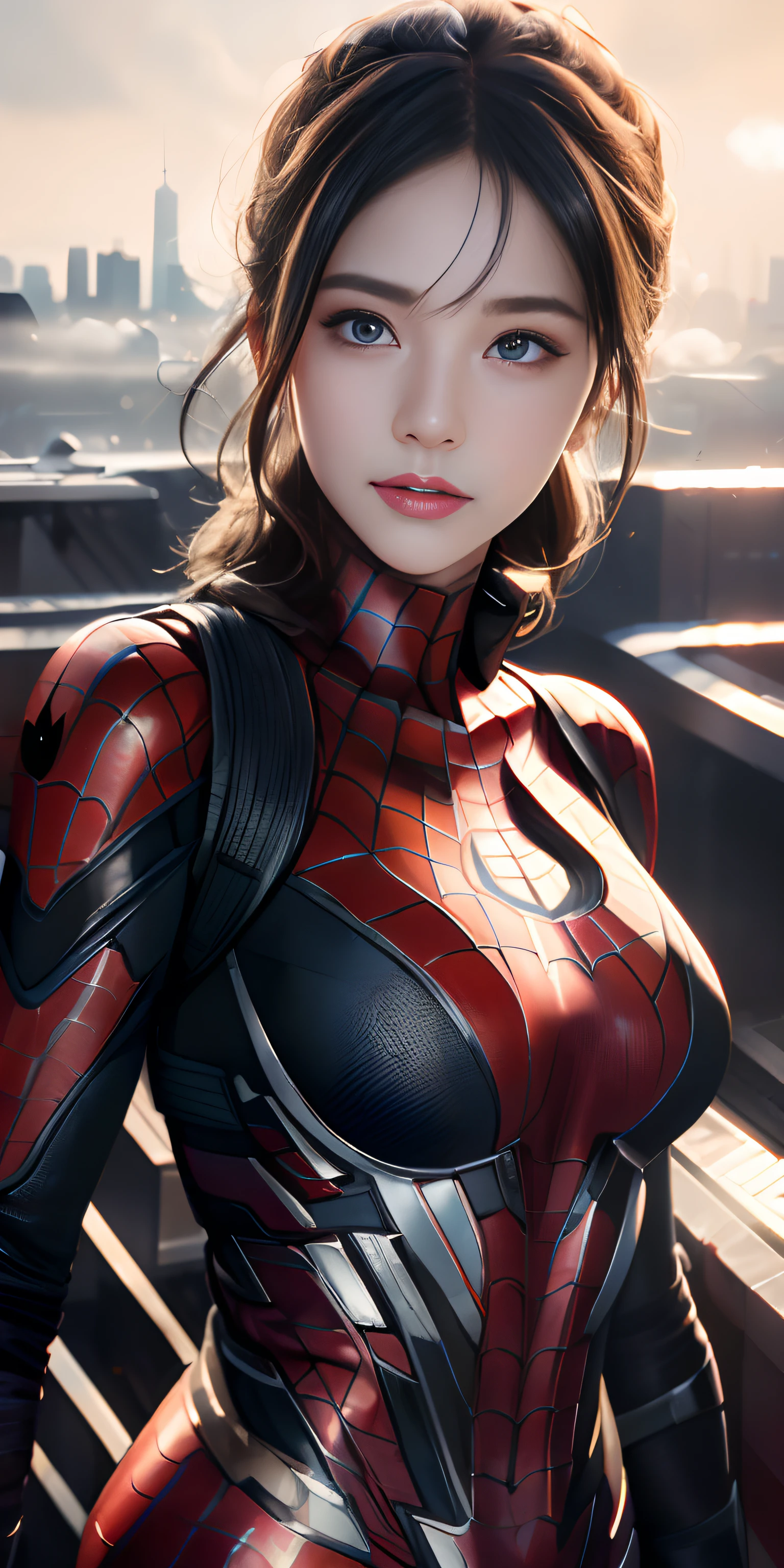 (1girl:1.3), Solo, (((Very detailed face)))), ((Very detailed eyes and face)))), Beautiful detail eyes, Body parts__, Official art, Unified 8k wallpaper, Super detailed, beautiful and beautiful, beautiful, masterpiece, best quality, original, masterpiece, super fine photo, best quality, super high resolution, realistic realism, sunlight, full body portrait, amazing beauty, dynamic pose, delicate face, vibrant eyes, (from the front), She wears Spider-Man suit, red and black color scheme, spider, very detailed city roof background, rooftop, overlooking the city, detailed face, detailed complex busy background, messy, gorgeous, milky white, highly detailed skin, realistic skin details, visible pores, clear focus, volumetric fog, 8k uhd, DSLR, high quality, film grain, fair skin, photo realism, lomography, futuristic dystopian megalopolis, translucent