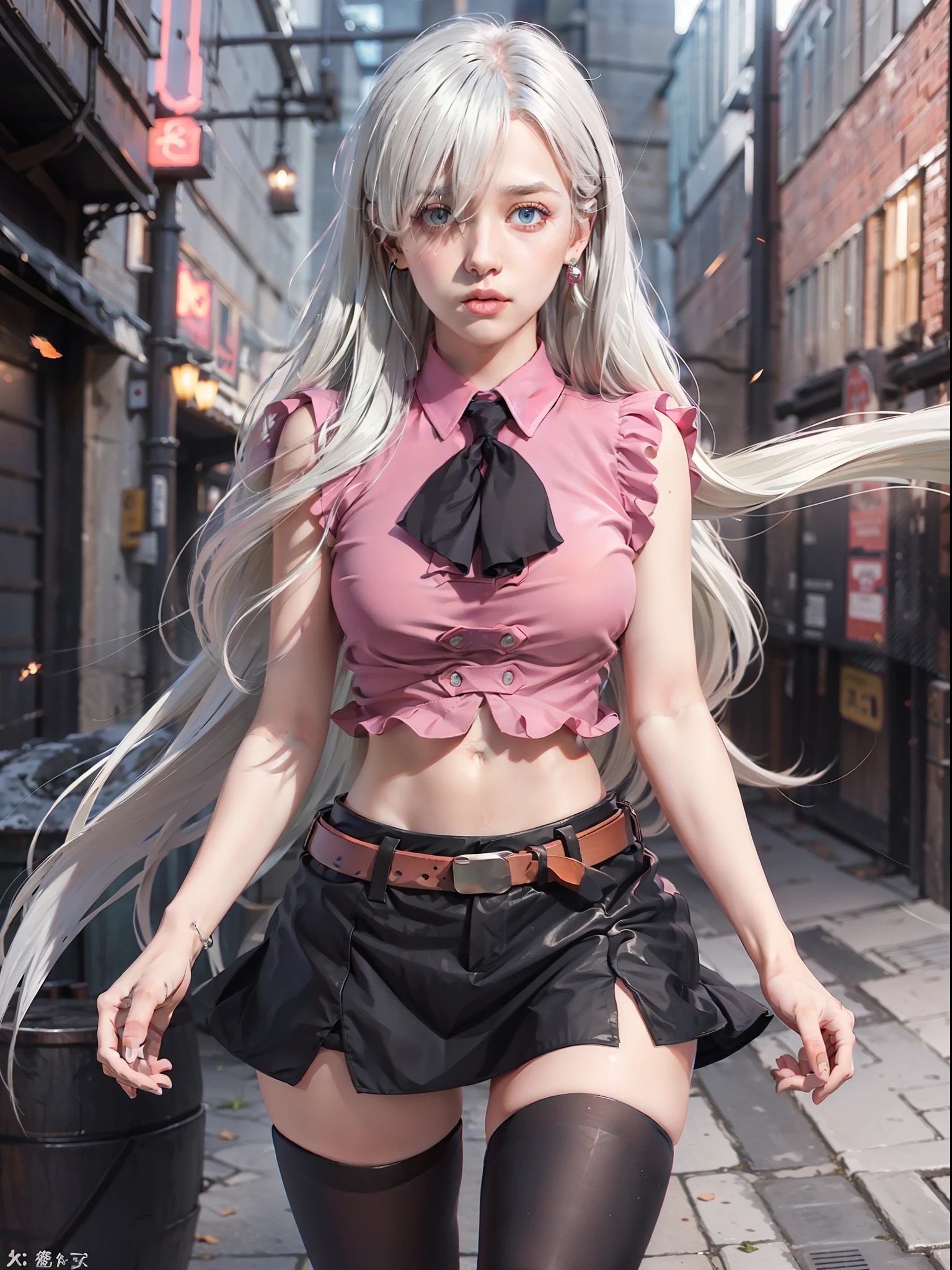 Khmeliza, 1girl in, Hair above one eye、White hair、long、Jewelry, single thighhigh, Midriff, Black skirt, Asymmetrical legwear, ((PINK SHIRT)), black thighhighs, Belt bag, Miniskirt