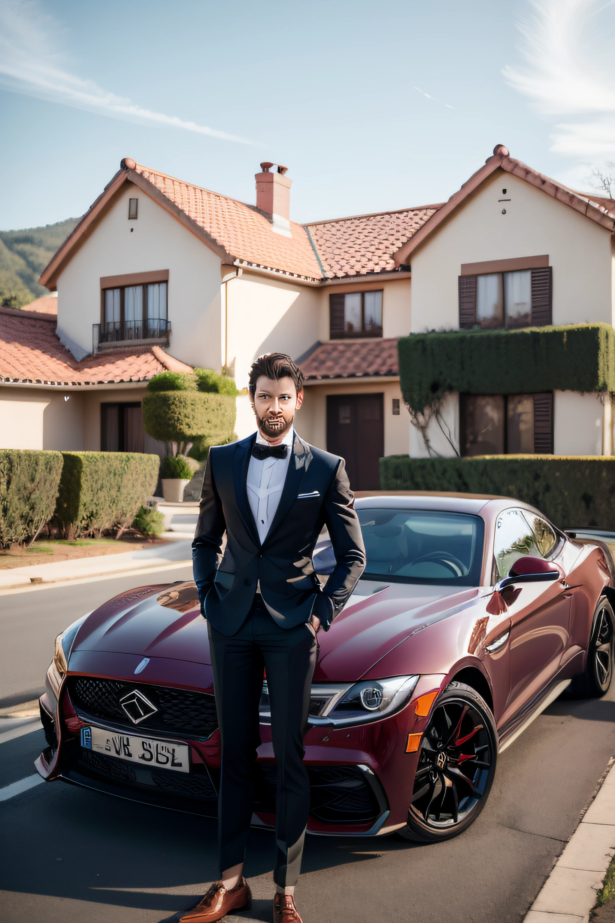 homem com uma boa roupa uma bela mulher loira, A beautiful car and a beautiful house in the background with swimming pool