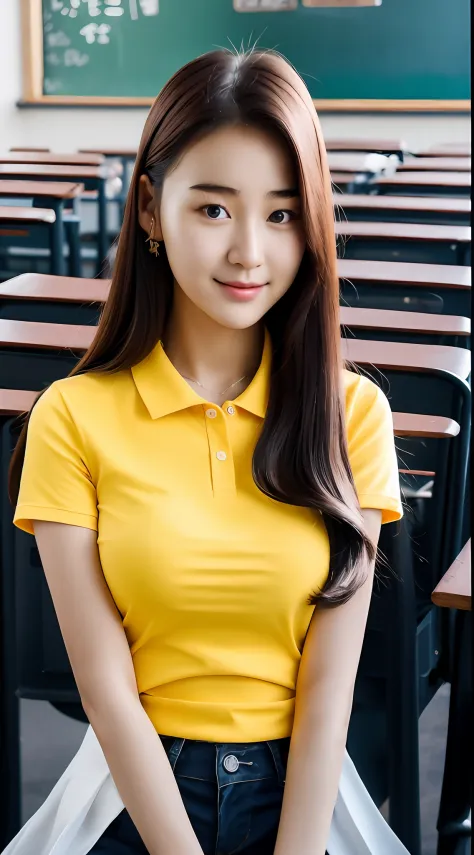 arafed asian woman sitting in a classroom with a blackboard, jaeyeon nam, korean girl, gorgeous young korean woman, student, beautiful young korean woman, beautiful south korean woman, jiyun chae, cute korean actress, lee ji-eun, lee ji - eun, heonhwa choe...