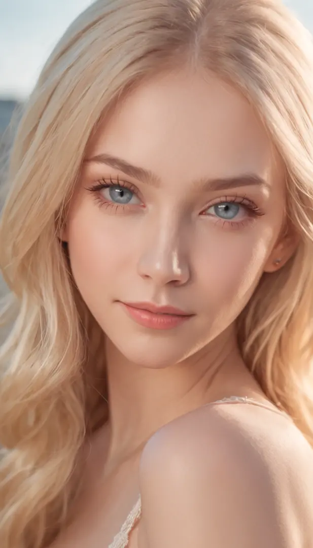 (((Russian girl in full growth, dressless, gorgeous light blonde hair, Cute humble smile))), (((evening lighting))), (((Sexy, A seductive angle))), ((( A highly detailed, Perfect eyes, realisti))) , island, Palma, blue skies, (( vector art )) , 32k --no ((...