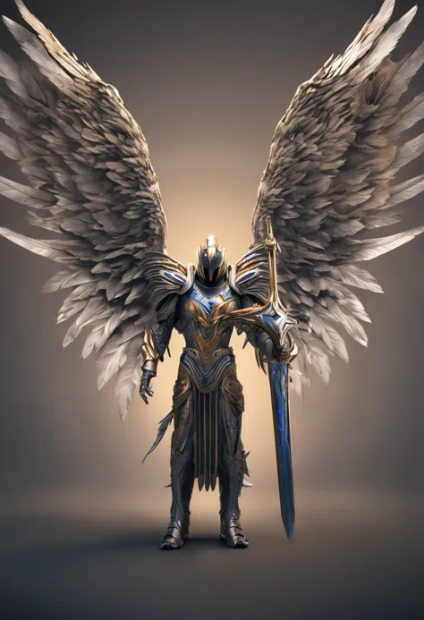 Create an image of an archangel with six large wings，He is leading an army of angels in an epic battle against the forces of evil。He held the Flame Sword in both hands，The face is firm and brave。hyper HD，high detal，super detailing，best qualtiy，8k