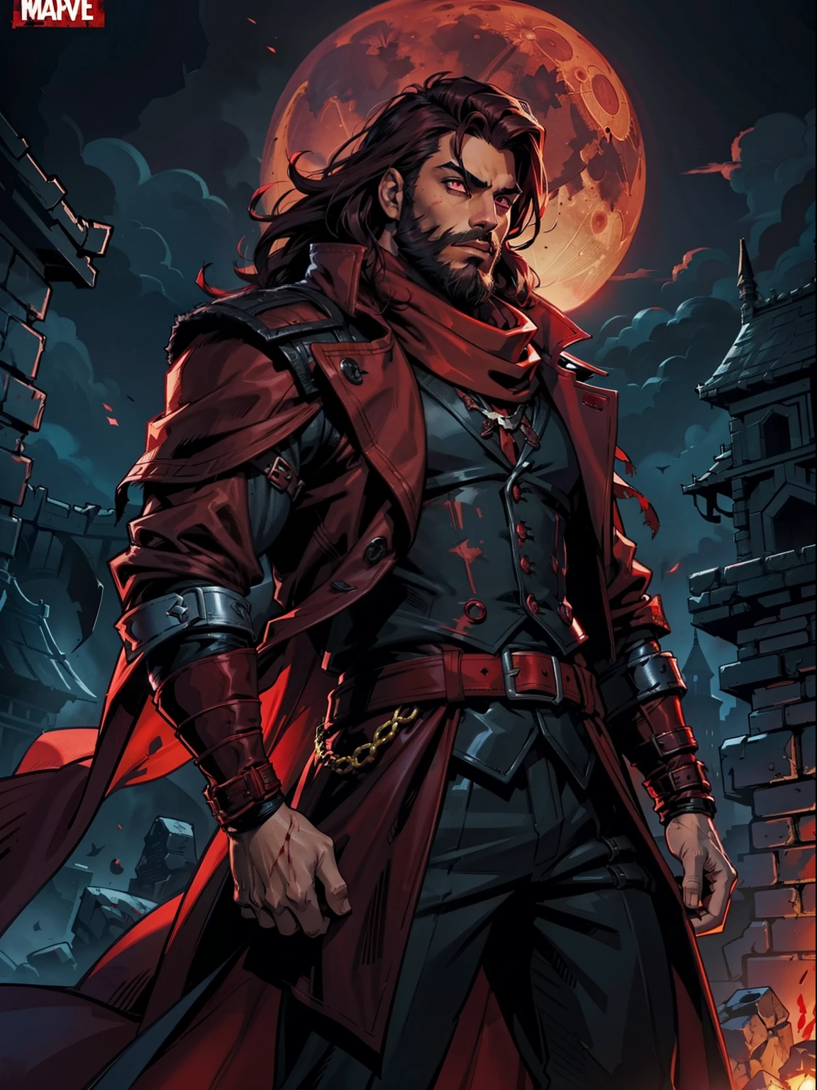 Dark night blood moon background, Darkest dungeon style, Sadurang from Marvel, hunk, wild mane, defined face, detailed eyes, short beard, glowing red eyes, dark hair, wearing classy trench coat and red scarf