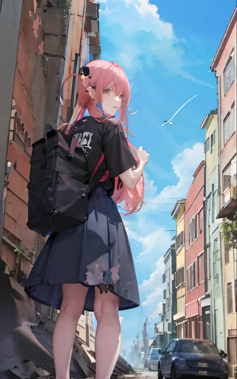 ruins、Buildings、destruction、blue-sky、​​clouds、gotou1、A pink-haired、a black T-shirt、a black skirt、Longhaire、I'm carrying a guitar...