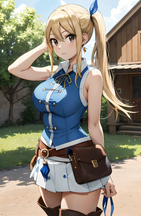 masterpiece, best quality, highres, lucy heartfilia, blonde hair, long hair, side ponytail, blue ribbon, large breasts, earrings...