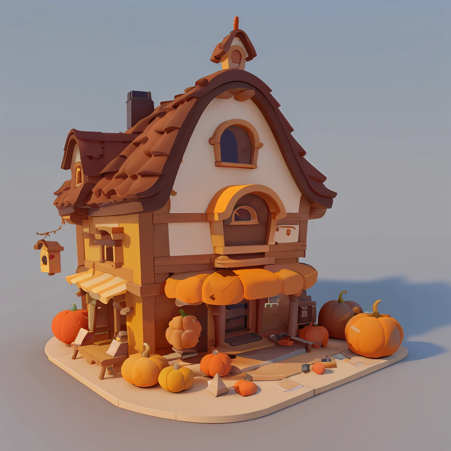 Game architectural design, Cartoony,Pumpkin house，The pumpkin matches the building，casual game style, Pumpkin architecture,  。.。.。.。.。.。.3D, blender，closeup cleavage，tmasterpiece，super detailing，best qualtiy