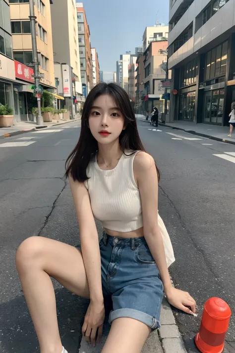 4K refined facial features，Korean girl standing on the street，Shorts，shorter pants，Sit in different places，spread their legs