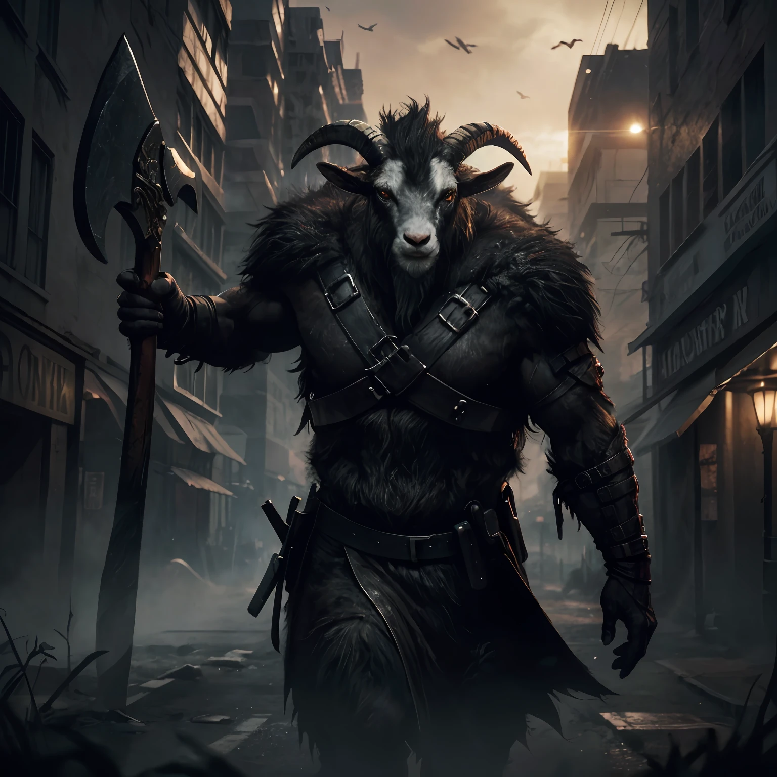 Goat-faced demon ，Wear military uniforms，Pick up the axe，red - eyed，unholy，Fierce，rampage ，Stand at the highest part of the city，Observe the city，Epic dark fantasy digital art，tmasterpiece，high qulity，8K，UHD resolution，Detailed detail drawing，realisticlying，Very realistic，Cinematic light,an award winning photograph, author：Lee Jeffries Nikon D850 Film Stock Photo 4 Kodaport 400 Camera F1.6 lens rich colors hyper realistic lifelike texture dramatic lighting unrealengine trending on artstation cinestill 800,