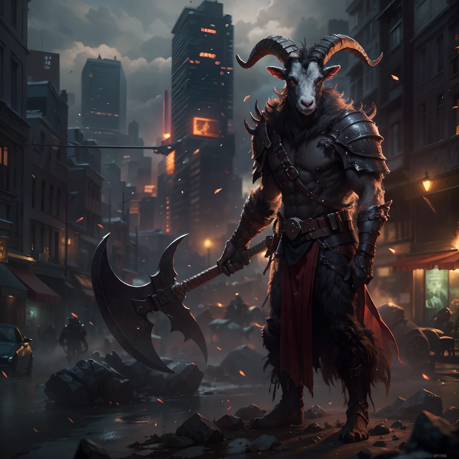 Goat-faced demon ，Wear military uniforms，Pick up the axe，red - eyed，unholy，Fierce，rampage ，Stand at the highest part of the city，Observe the city，Behind is the Demon Legion，Epic war fantasy digital art，tmasterpiece，high qulity，8K，UHD resolution，Detailed detail drawing，realisticlying，Very realistic，Cinematic light,an award winning photograph, author：Lee Jeffries Nikon D850 Film Stock Photo 4 Kodaport 400 Camera F1.6 lens rich colors hyper realistic lifelike texture dramatic lighting unrealengine trending on artstation cinestill 800,