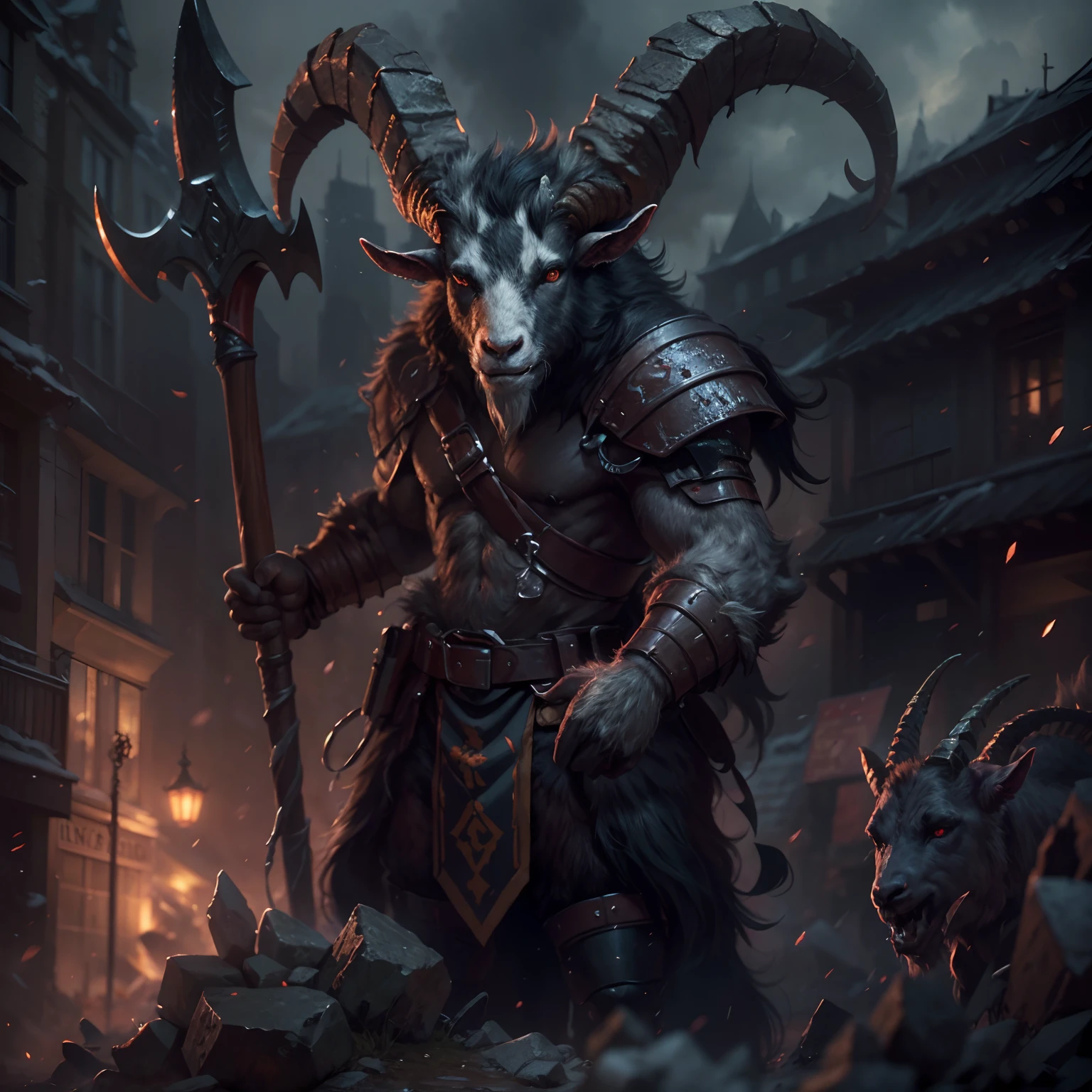 Goat-faced demon ，Wear military uniforms，Pick up the axe，red - eyed，unholy，Fierce，rampage ，Stand at the highest part of the city，Observe the city，Behind is the Demon Legion，Epic war fantasy digital art，tmasterpiece，high qulity，8K，UHD resolution，Detailed detail drawing，realisticlying，Very realistic，Cinematic light,an award winning photograph, nikon d850 film stock photograph 4 kodak portra 400 camera f1.6 lens rich colors hyper realistic lifelike texture dramatic lighting unrealengine trending on artstation cinestill 800,