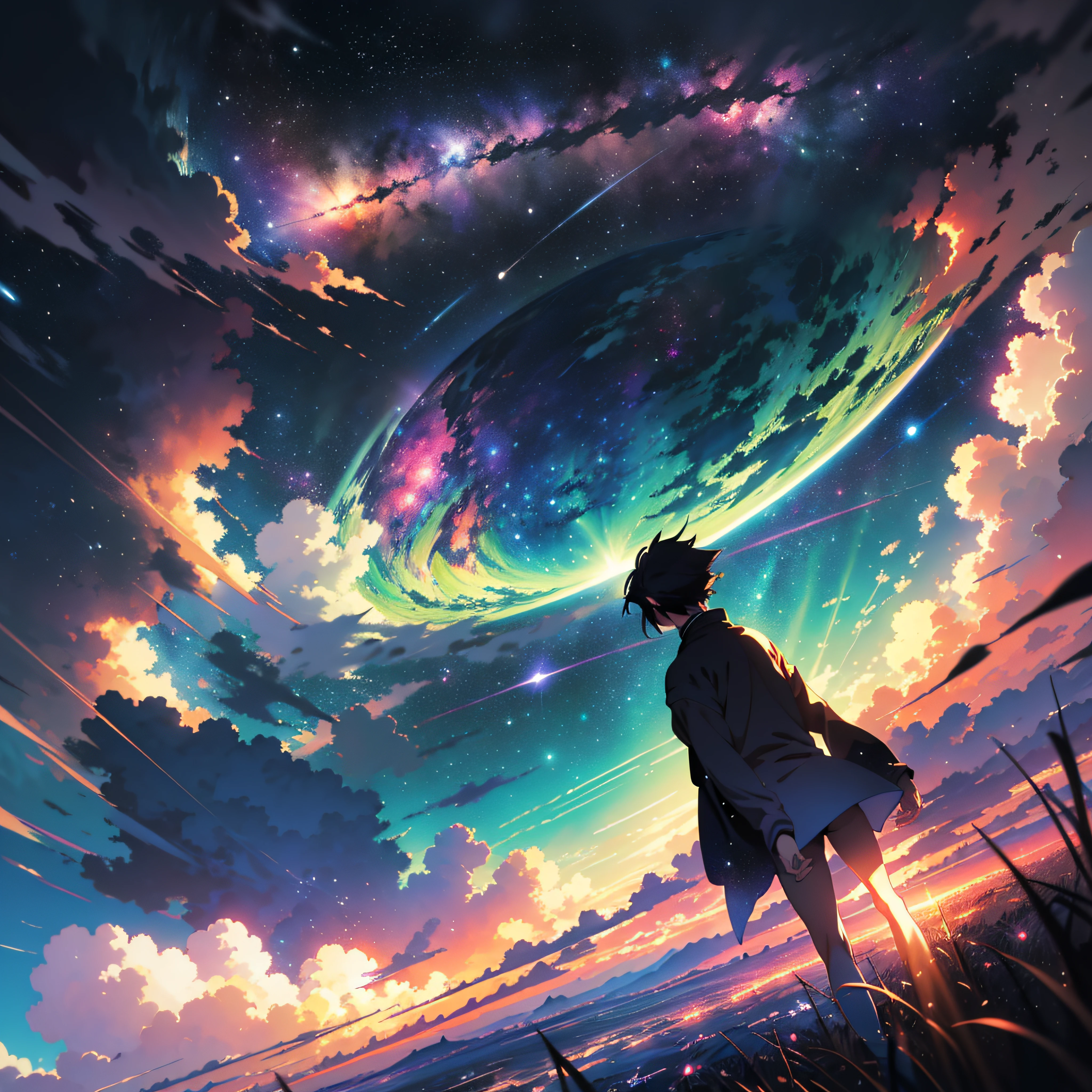 anime - style scene of a beautiful sky with a star and a planet, cosmic skies. by makoto shinkai, anime art wallpaper 4k, anime art wallpaper 4 k, anime art wallpaper 8 k, anime wallpaper 4k, anime wallpaper 4 k, 4k anime wallpaper, anime sky, amazing wallpaper, anime background, heaven planet in background, anime background art.