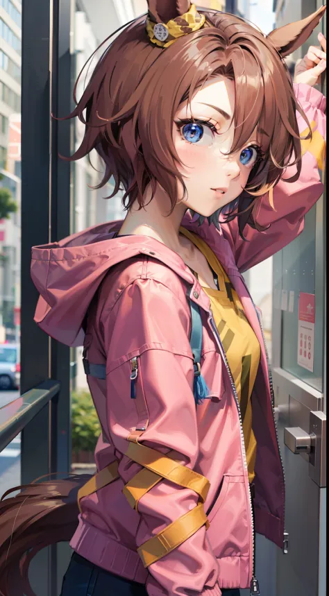 narita daishin(umamusume)、pink far jacket、with short brown hair、yellow shirt