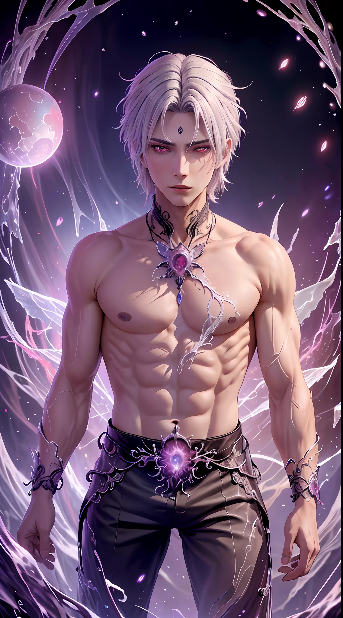 Realistic, (Masterpiece, Top Quality, Best Quality, Official Art, Beauty and Aesthetics: 1.2), Very Detailed, Fractal Art, Colorful, Most Detailed, Zentangle, (Abstract Background: 1.5) (1boy: 1.3), Gods, White Hair, (Glowing Red Eyes), Mysterious, (Magic), Ice, ((Lycoris radiata)), Yellow Springs Hell, Soul Ferryman, Ghost