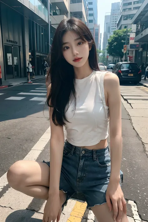 4K refined facial features，Korean girl standing on the street，Shorts，shorter pants，Sit in different places，Spread your legs