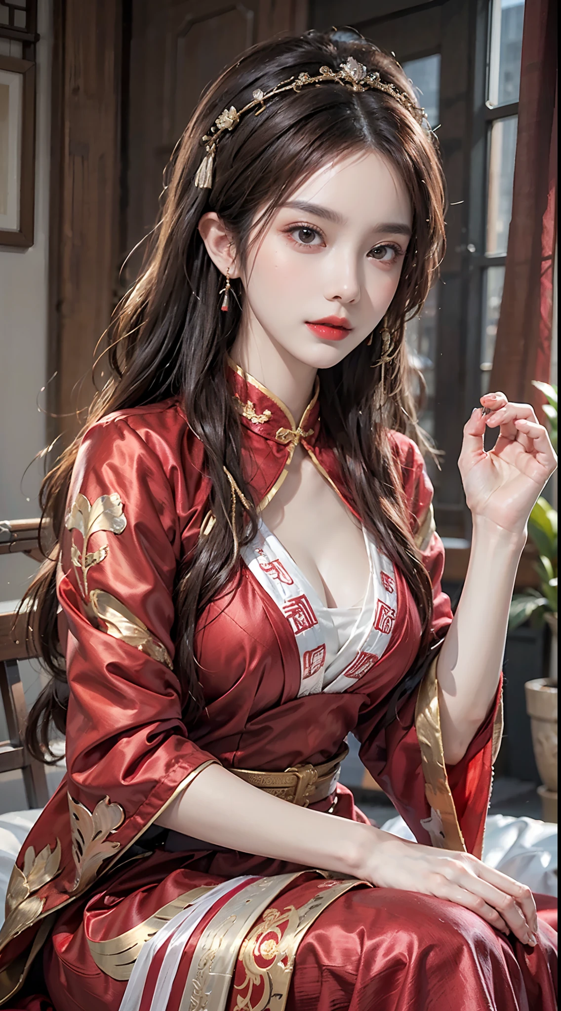 (Ultra-realistic 8k CG: 1.2), perfect artwork, delicate patterns, intricate details, (unparalleled masterpiece, best quality: 1.2), (extremely complex: 1.2), a woman in a red and gold dress, phoenix crown, hair stick, (sitting on a red bed), makeup, blush, shyness, white hair, looking down, cosmetics, (forehead point), (2 red candles), Chinese_clothes, curtains, earrings, hair_ornament,hanfu, interior, jewelry, red nails, long_sleeves, red dress, red lips, tassels, (red quilt), (red palace: 1.2), (ancient Chinese architecture), (red: 1.8), night