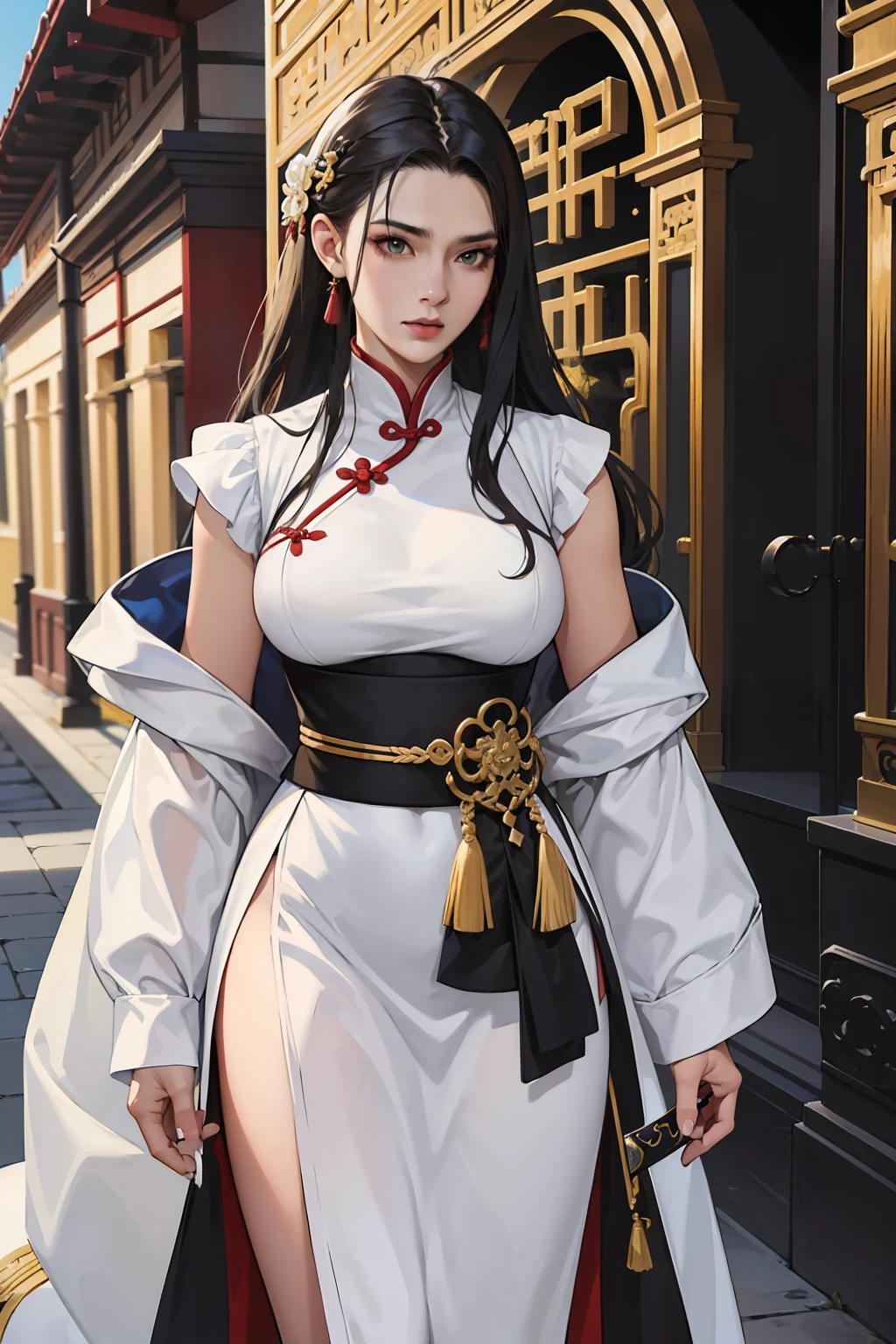 NSFW, Masterpiece artwork, best qualityer, ultra detali, semi-realistic, detailedfacialfeatures, 1 MATURE WOMAN, nome Shin Zilei,wearing ancient wuxia hanfu clothes, white  hair,long,black eyes, female,dark and sexy clothing color,voluptuous,breasts big,seductive woman, very beautiful,arrogantly holding a sharp-bladed sword, In front of the Celestial Palace,Villain.