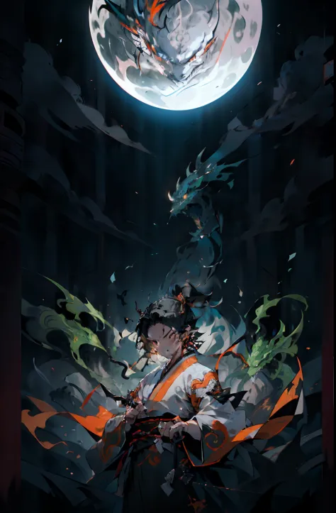 Anime a poster (Demon Slayer anime style), 年轻, Demon Hunter, orange color hair, Orange eyes, white  clothes,  hatred, the wind, ...