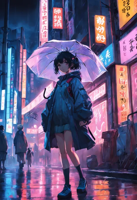 the night，orgy，holding a umbrella，byself，城市，cyber punk perssonage，smog，coat large，Earphone，the street，exteriors，neonlight，smog