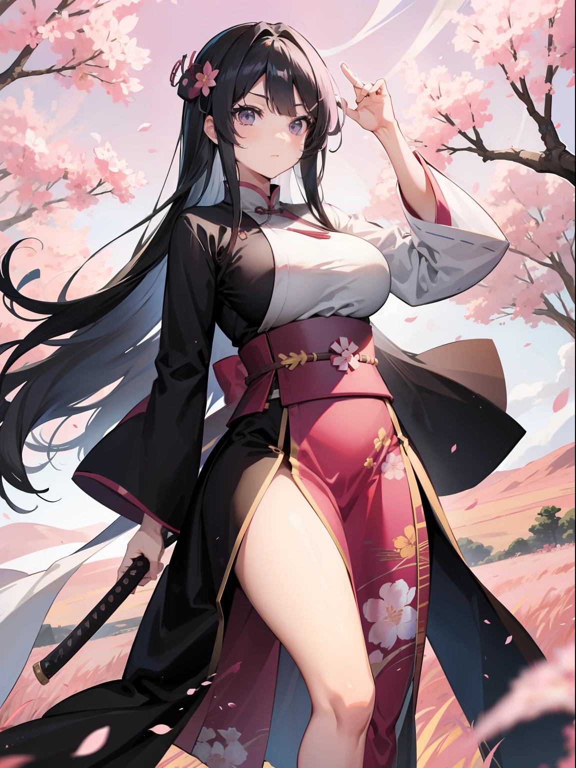 sword, Japanese sword in hand, black long hair , chubby curvy body, medium-large breast, purple eyes, pink sky, grass field background, flowers, Sakura trees, Chinese dress