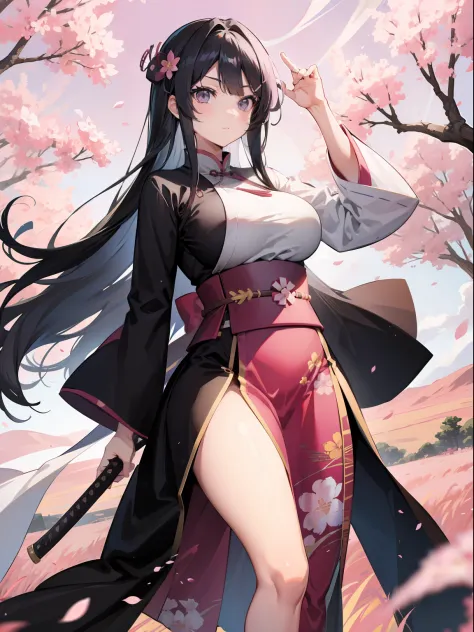 sword, japanese sword in hand, black long hair , chubby curvy body, medium-large breast, purple eyes, pink sky, grass field back...