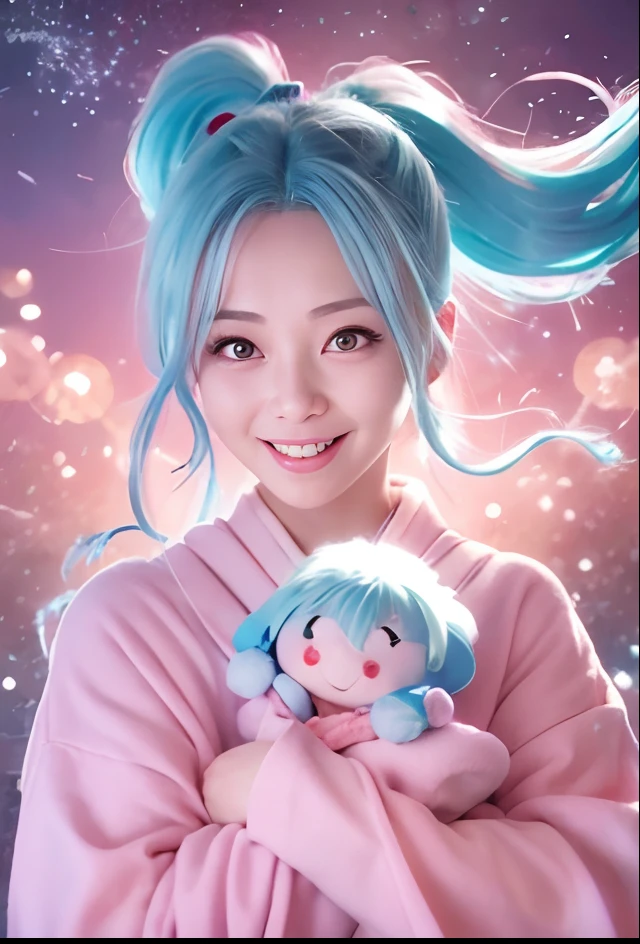 Woman with light blue hair ponytail wearing peach-colored Japanese clothes, Yu Yu Hakusho, Botan, A little round face, Carefree smile, gently round eyes, Laughing with open mouth, sideburns are long, Eyeballs are red, White obi jime, Red obiage, Hiding hands with sleeves