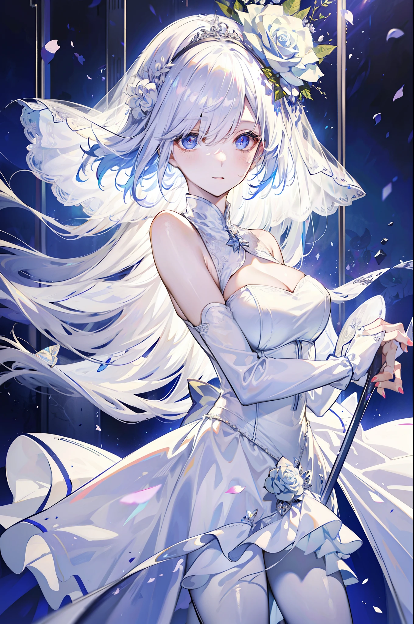 silber hair，butterflys，long whitr hair，white wedding gown，8k wallpaper，detailedbackground，Highest high resolution，deep v big breasts，Hair covers one eye，Bandeau wedding dress，chies，White rose，tight-fitting，stocklings