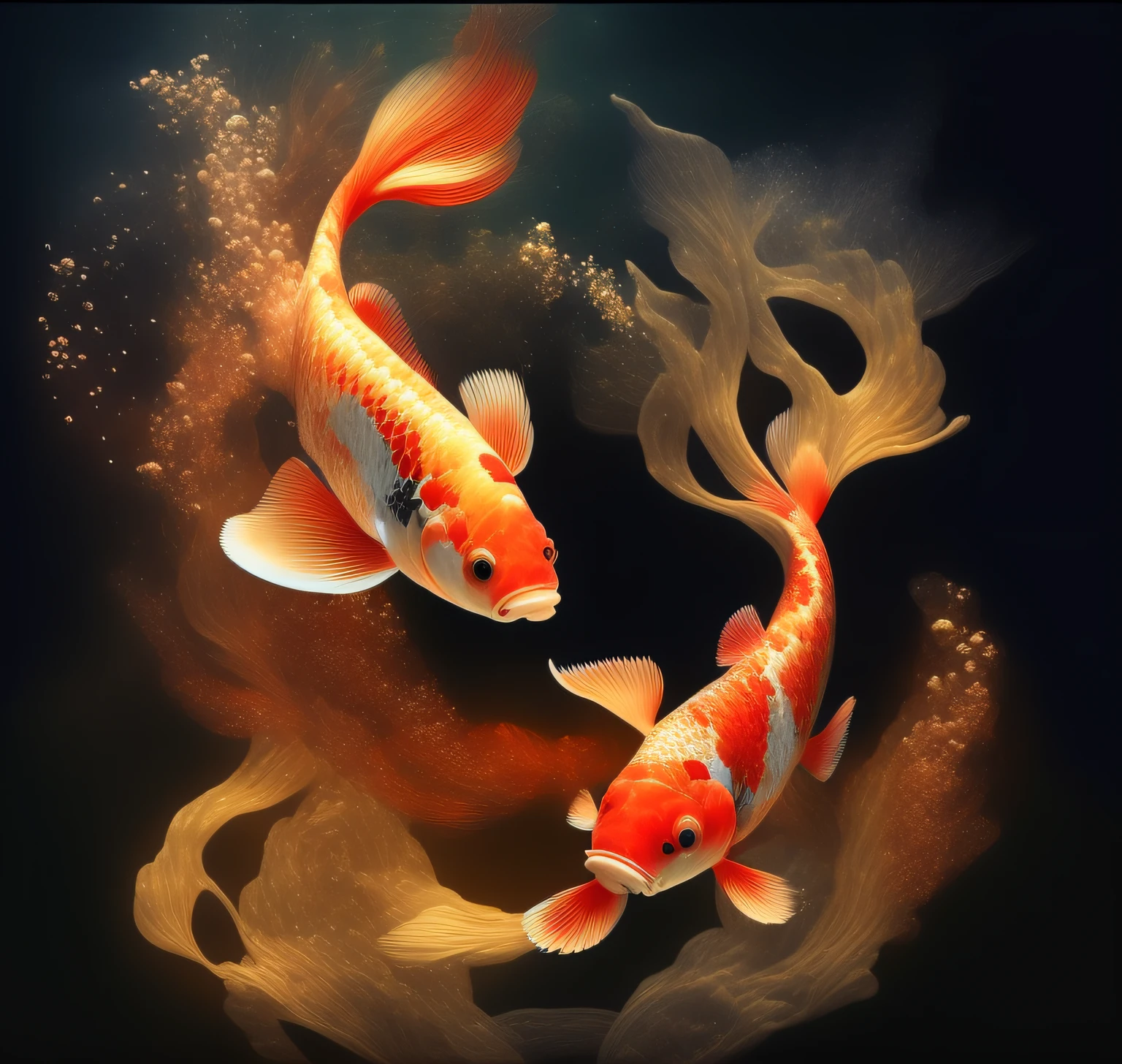 Two red koi fish，Wander around the pond，Head to end, Eight patterns are formed， Pisces , floating goldfish, Water streaks，airbubble，down view，High detail，cinmatic lighting，Beautiful artwork