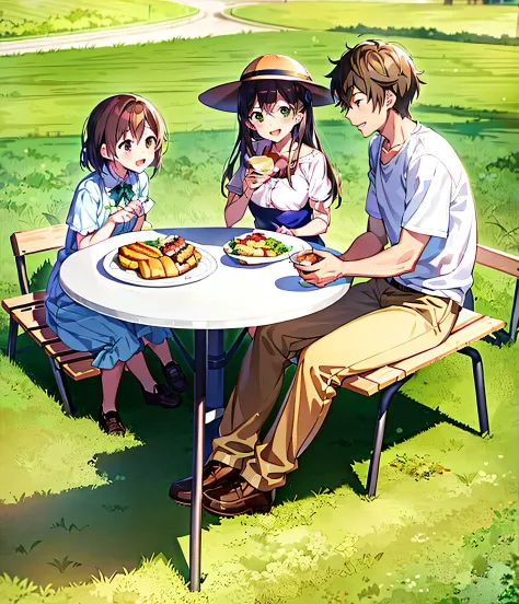 anime picture of a family eating lunch on a park bench, slice of life anime, having picnic, makoto shinkai and artgerm, sakimich...