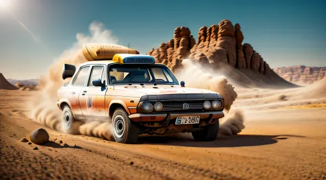 Voiture de rallye avec les yeux, Mouth and nose in the salt desert