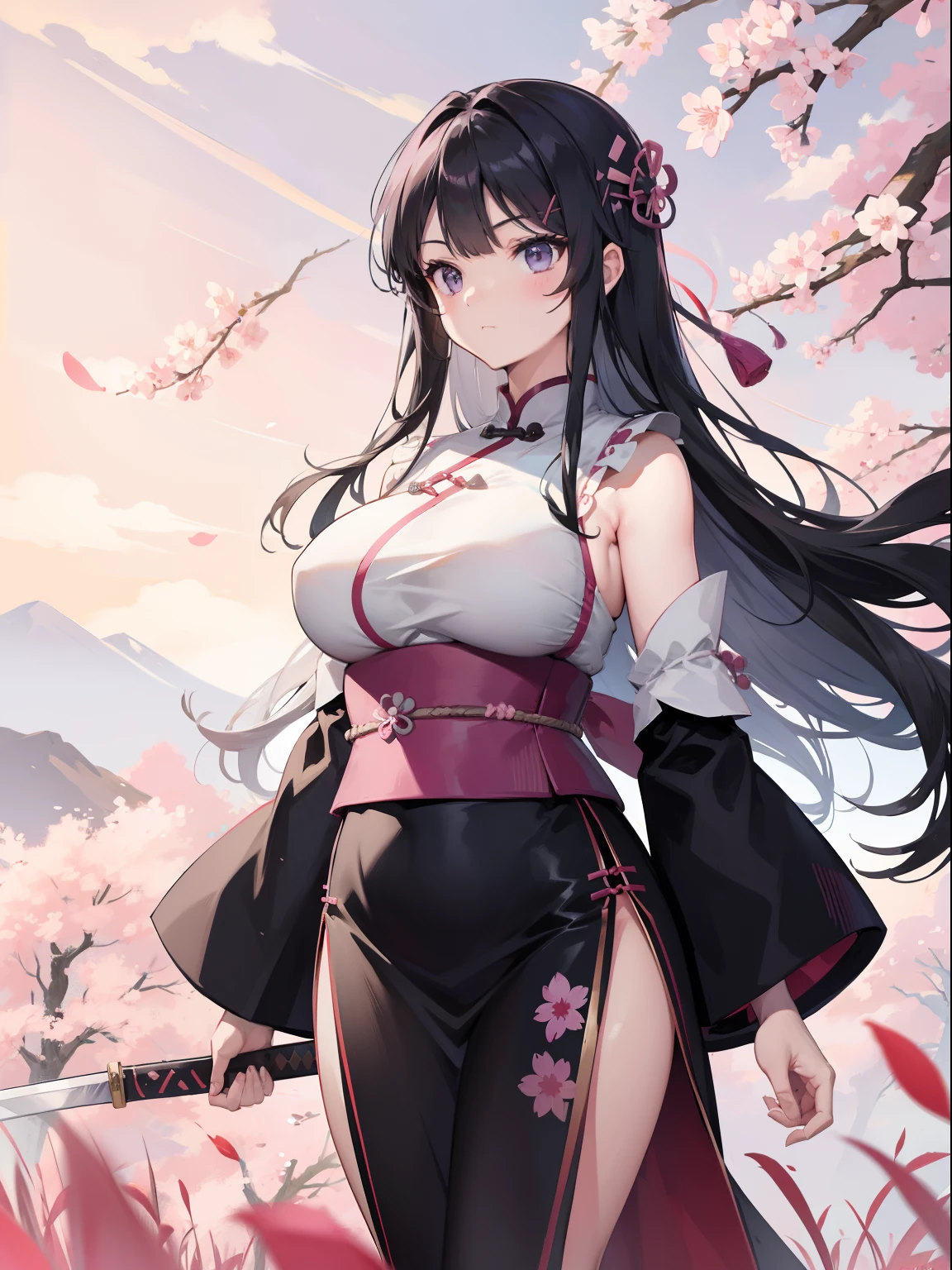 sword, Japanese sword in hand, black long hair , chubby curvy body, medium-large breast, purple eyes, pink sky, grass field background, flowers, Sakura trees, Chinese dress, cut sleeves,